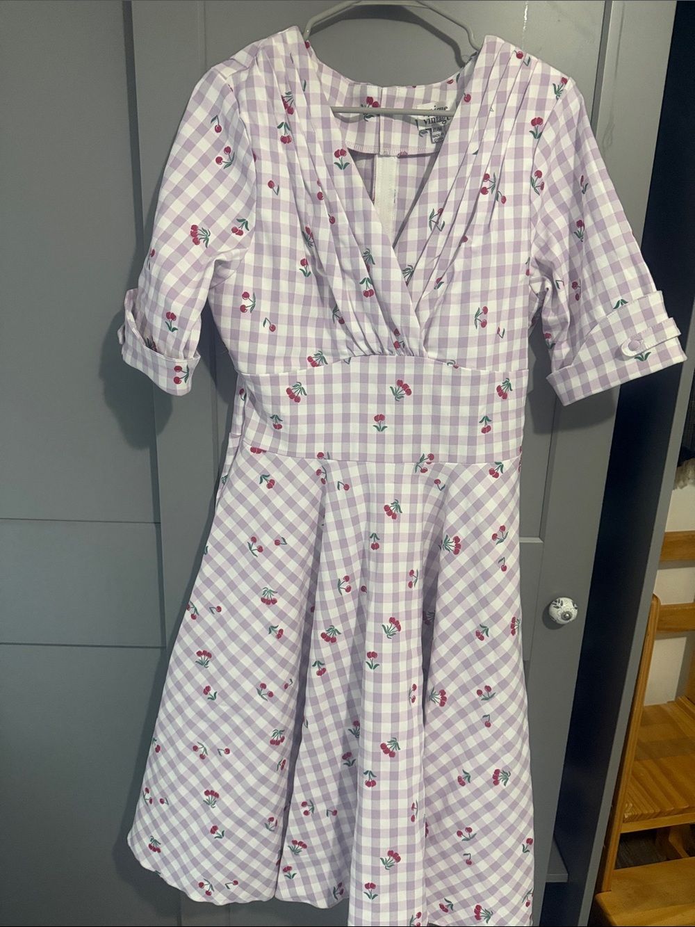 Unique Vintage Lilac Gingham Dress with Floral Embroidery